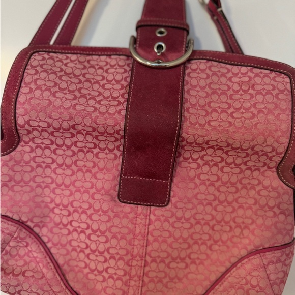 COACH Pink monogram canvas leather shoulder bag purse 12x7x3" suede. - Picture 10 of 15